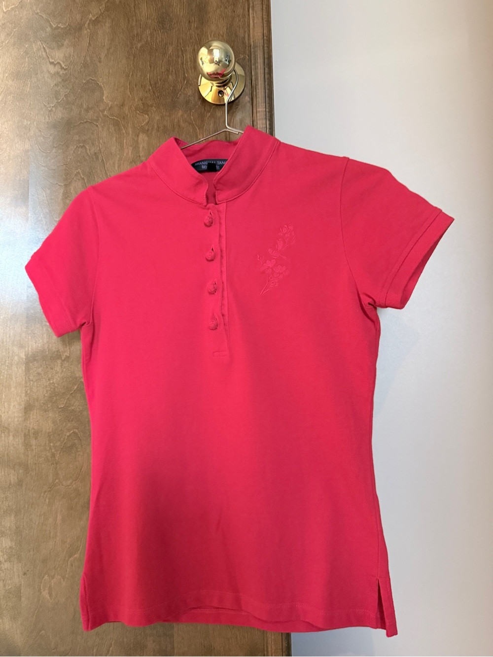 Shanghai Tang Pink Embroidered Buckle Button Tee